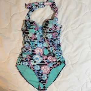 Sunseeker teal floral one piece women’s swimsuit size 14